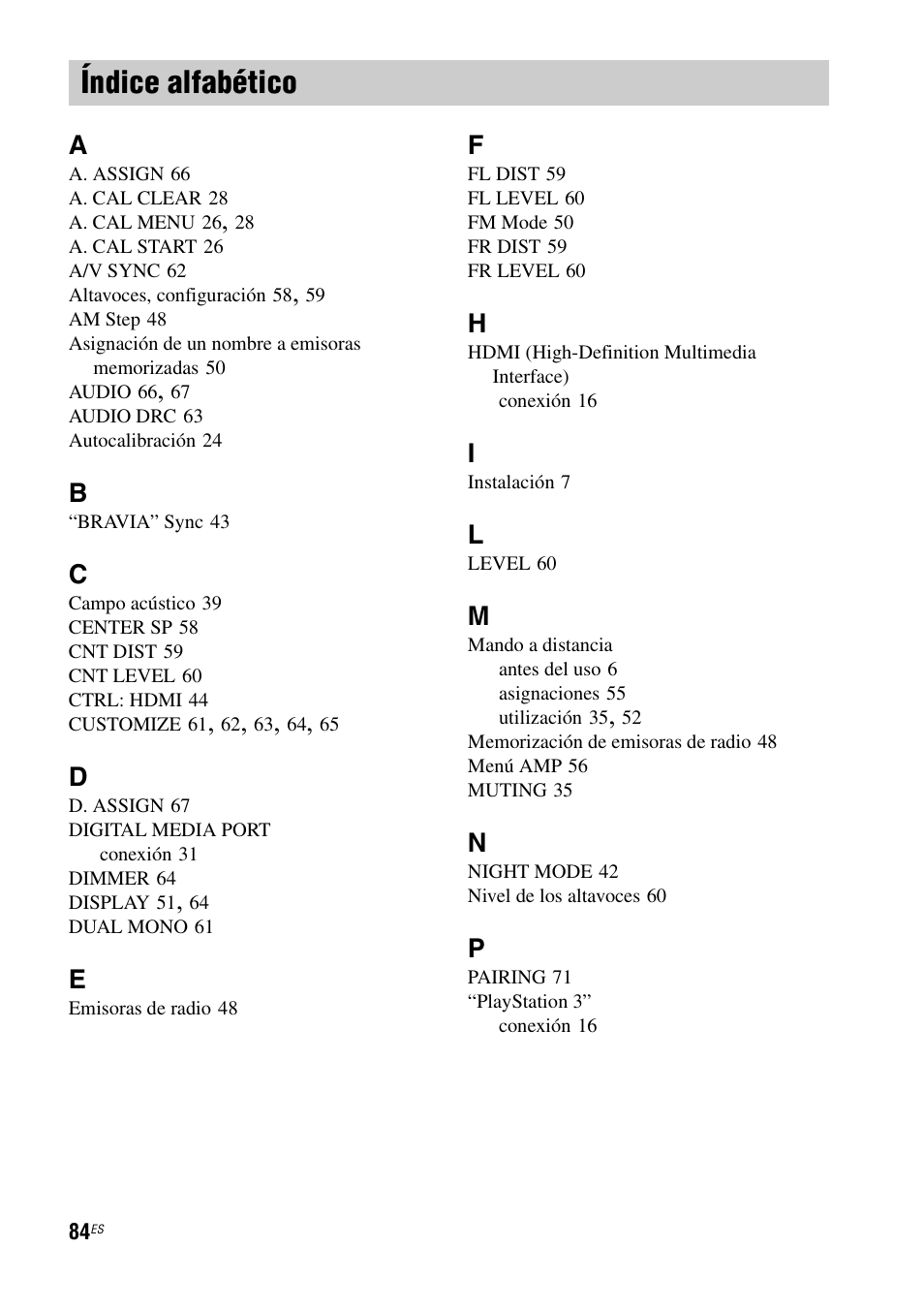 Índice alfabético | Sony HT-IS100 User Manual | Page 164 / 168