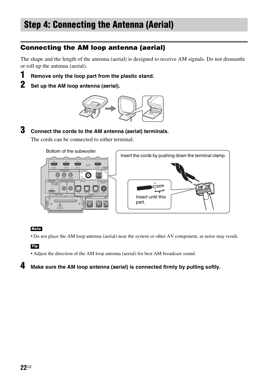 Step 4: connecting the antenna (aerial), Connecting the am loop antenna (aerial), The cords can be connected to either terminal | Remove only the loop part from the plastic stand, Set up the am loop antenna (aerial) | Sony HT-IS100 User Manual | Page 22 / 168