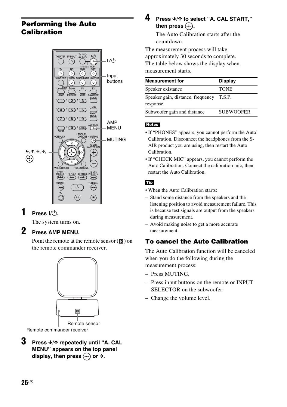 Performing the auto calibration, The system turns on, Press | Press amp menu | Sony HT-IS100 User Manual | Page 26 / 168