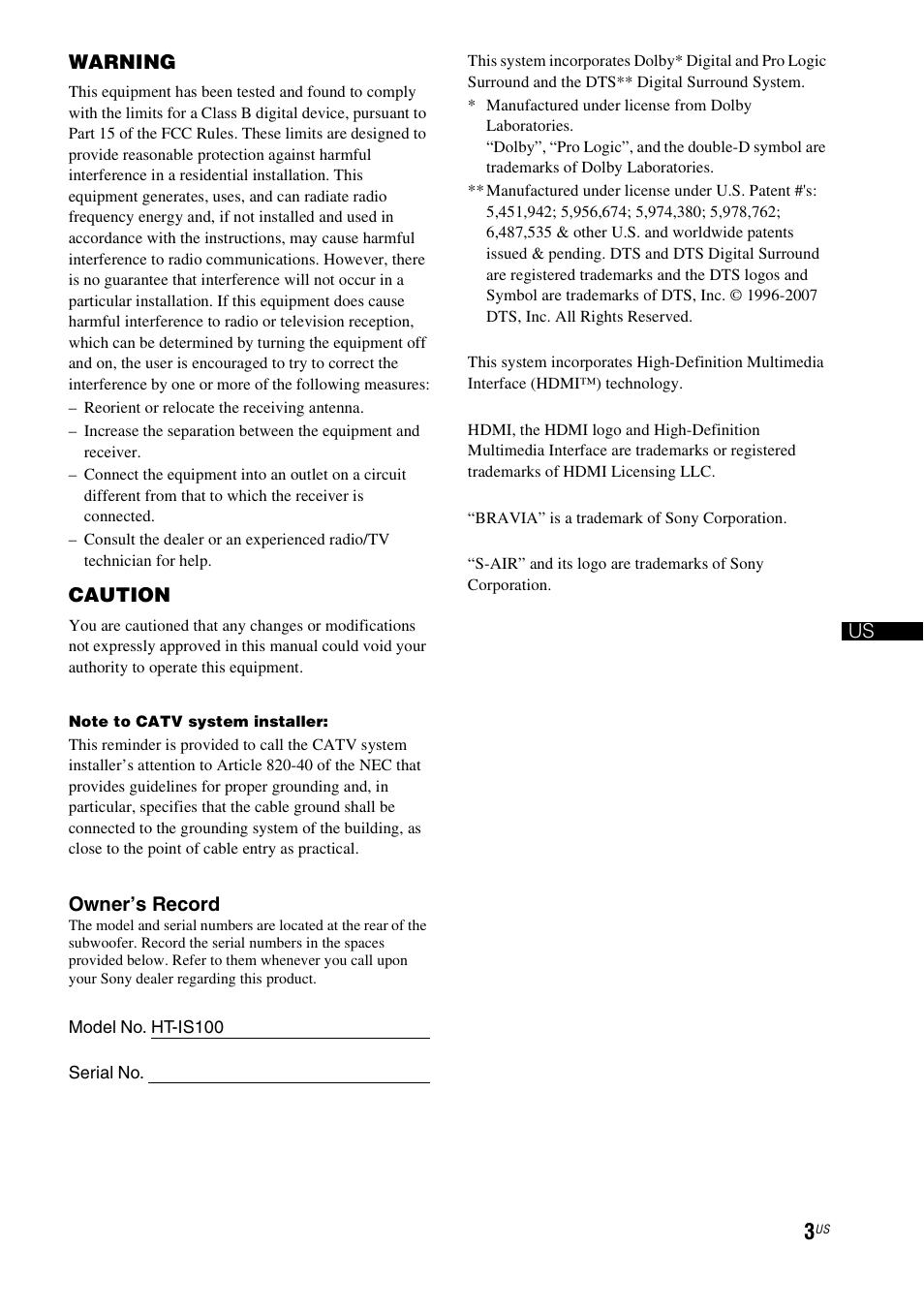 Sony HT-IS100 User Manual | Page 3 / 168