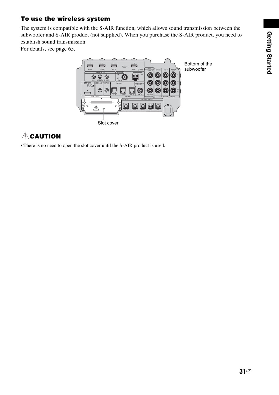 Getting star ted to use the wireless system, Caution, Slot cover bottom of the subwoofer | Sony HT-IS100 User Manual | Page 31 / 168