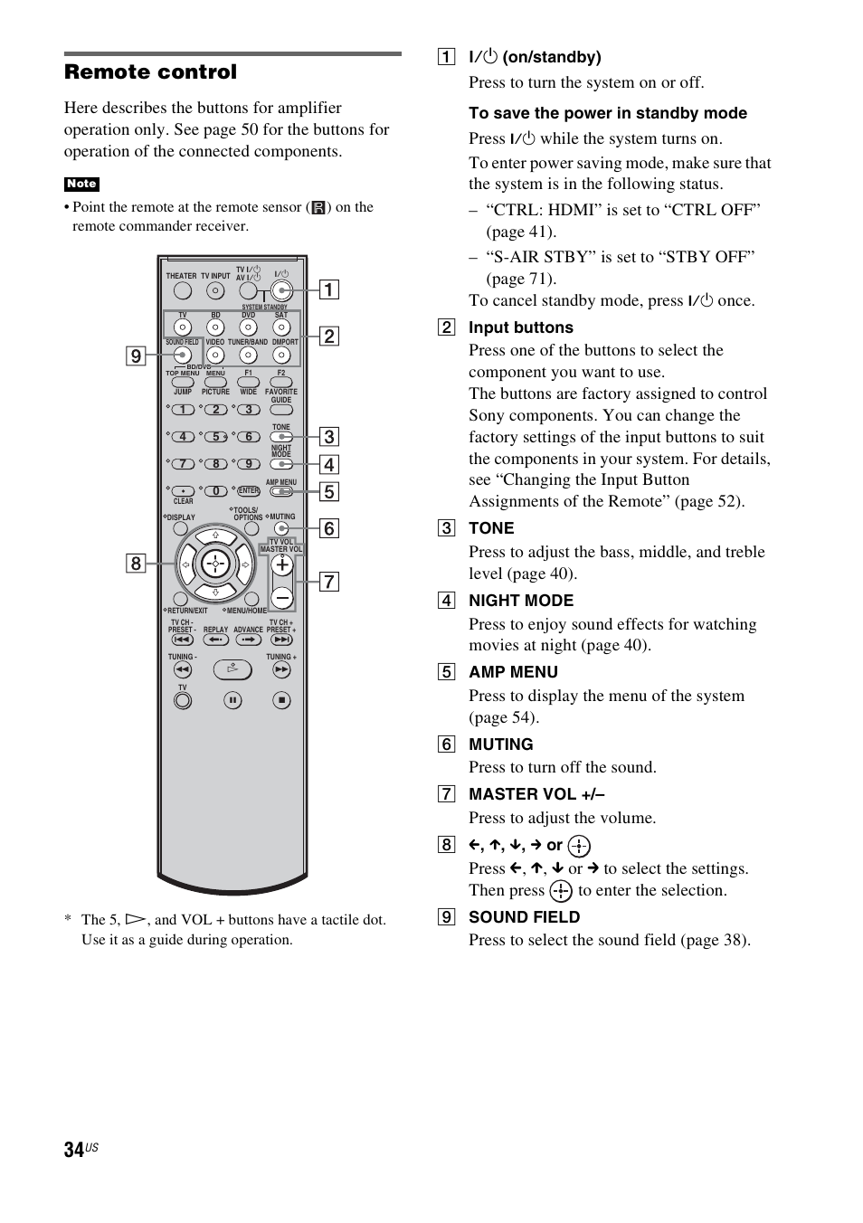 Remote control, Press to turn the system on or off, Press | Once, Press to display the menu of the system (page 54), Press to turn off the sound, Press to adjust the volume, Press to select the sound fiel d (page 38), A ?/1 (on/standby), B input buttons | Sony HT-IS100 User Manual | Page 34 / 168