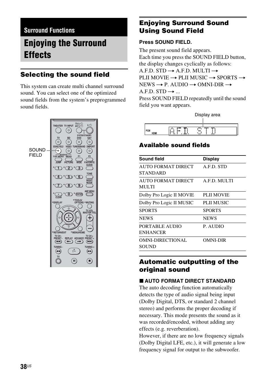 Surround functions, Enjoying the surround effects, Selecting the sound field | Enjoying surround sound using sound field, Automatic outputting of the original sound, Available sound fields, Press sound field, X auto format direct standard | Sony HT-IS100 User Manual | Page 38 / 168