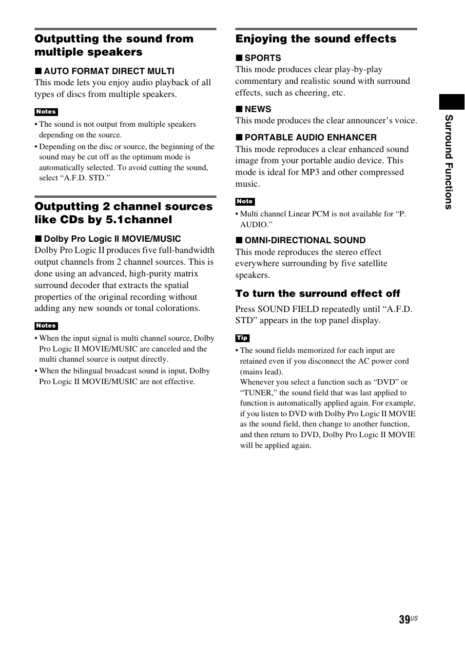 Outputting the sound from multiple speakers, Enjoying the sound effects | Sony HT-IS100 User Manual | Page 39 / 168