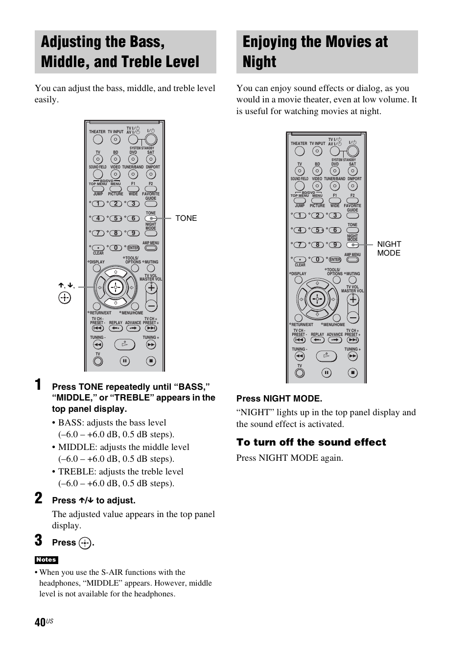 Adjusting the bass, middle, and treble level, Enjoying the movies at night, Adjusting the bass, middle, and treble | Level, Press night mode again, Press x / x to adjust, Press, Press night mode, Tone x, x, Night mode | Sony HT-IS100 User Manual | Page 40 / 168