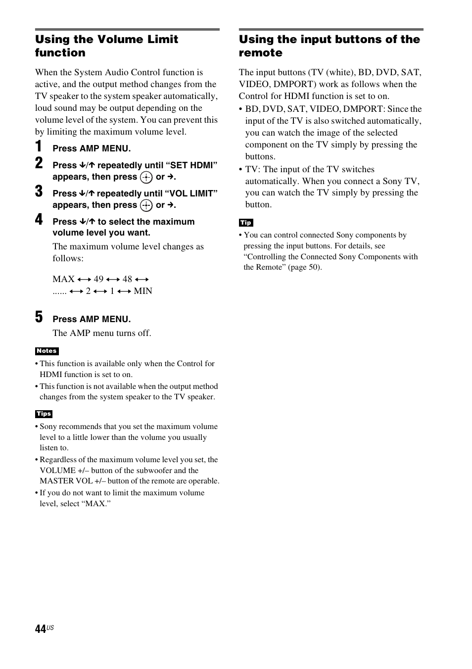 Using the volume limit function, Using the input buttons of the remote | Sony HT-IS100 User Manual | Page 44 / 168