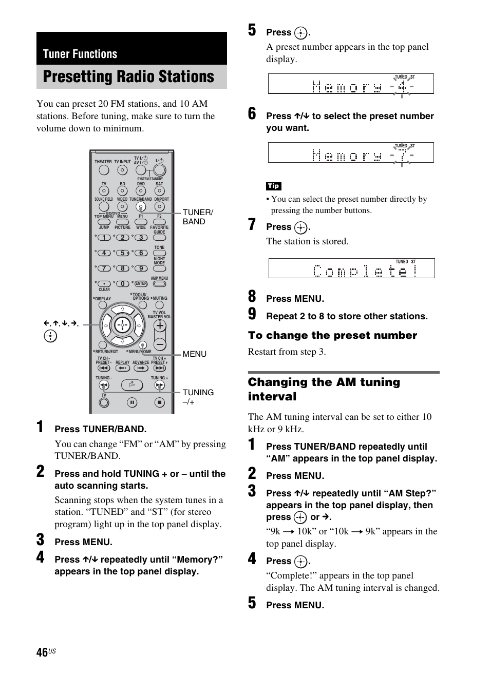 Tuner functions, Presetting radio stations, D (46) | Changing the am tuning interval, You can change “fm” or “am” by pressing tuner/band, A preset number appears in the top panel display, The station is stored, Restart from step 3 | Sony HT-IS100 User Manual | Page 46 / 168