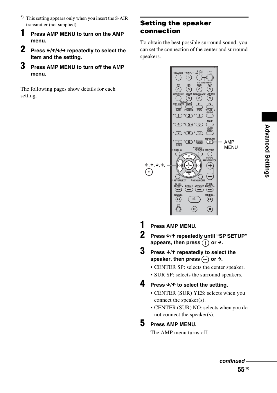 Setting the speaker connection, Ad v a nc ed s e tting s, The following pages show details for each setting | The amp menu turns off | Sony HT-IS100 User Manual | Page 55 / 168