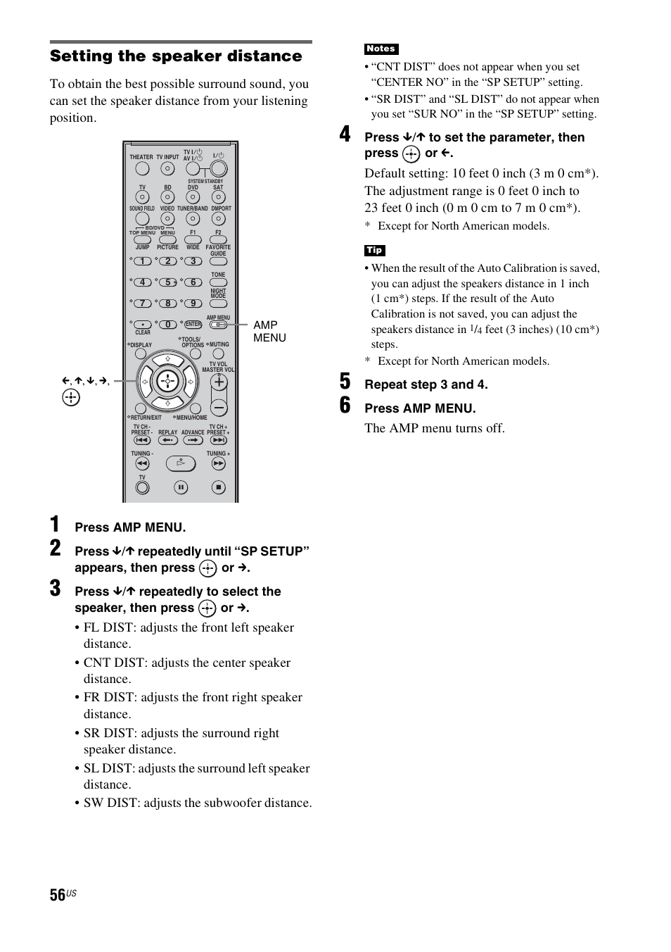 Setting the speaker distance, The amp menu turns off, Press amp menu | Press, Repeatedly to select the speaker, then press or c, Repeat step 3 and 4 | Sony HT-IS100 User Manual | Page 56 / 168