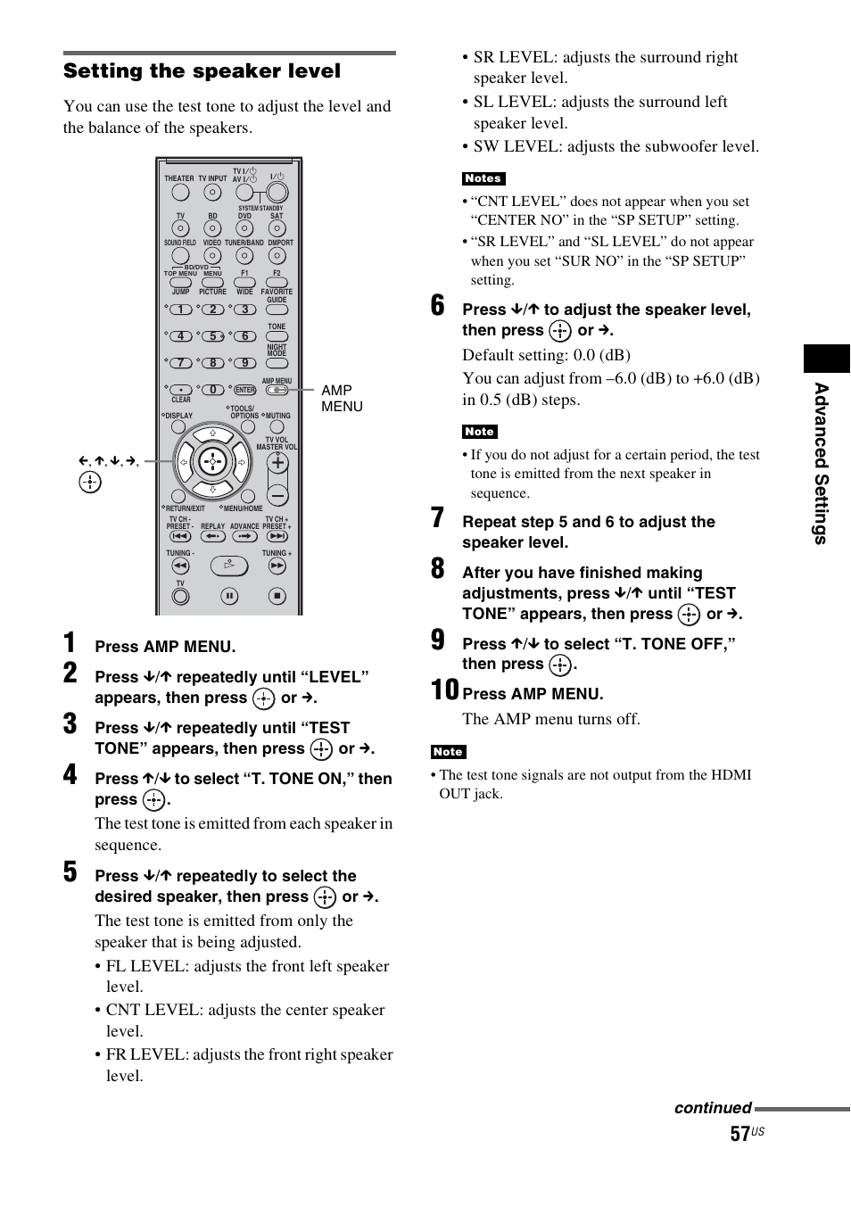 Setting the speaker level, Ad v a nc ed s e tting s, The amp menu turns off | Sony HT-IS100 User Manual | Page 57 / 168