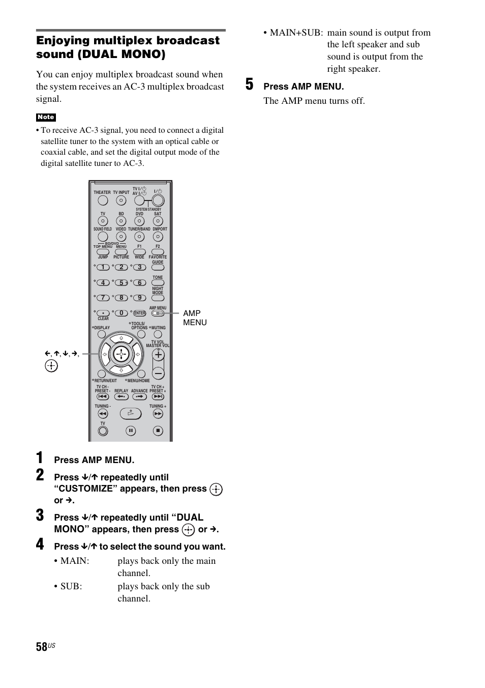 Enjoying multiplex broadcast sound (dual mono), Dual mono, The amp menu turns off | Press amp menu, Press, Repeatedly until, Appears, then press or c | Sony HT-IS100 User Manual | Page 58 / 168