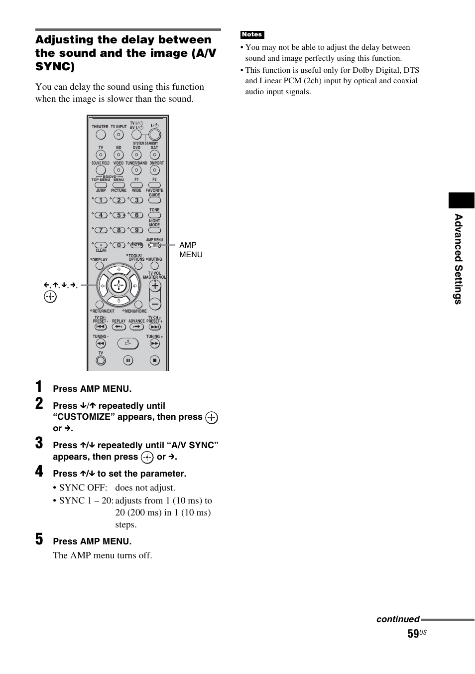 Ad v a nc ed s e tting s, The amp menu turns off, Press amp menu | Press, Press x / x to set the parameter, Continued | Sony HT-IS100 User Manual | Page 59 / 168