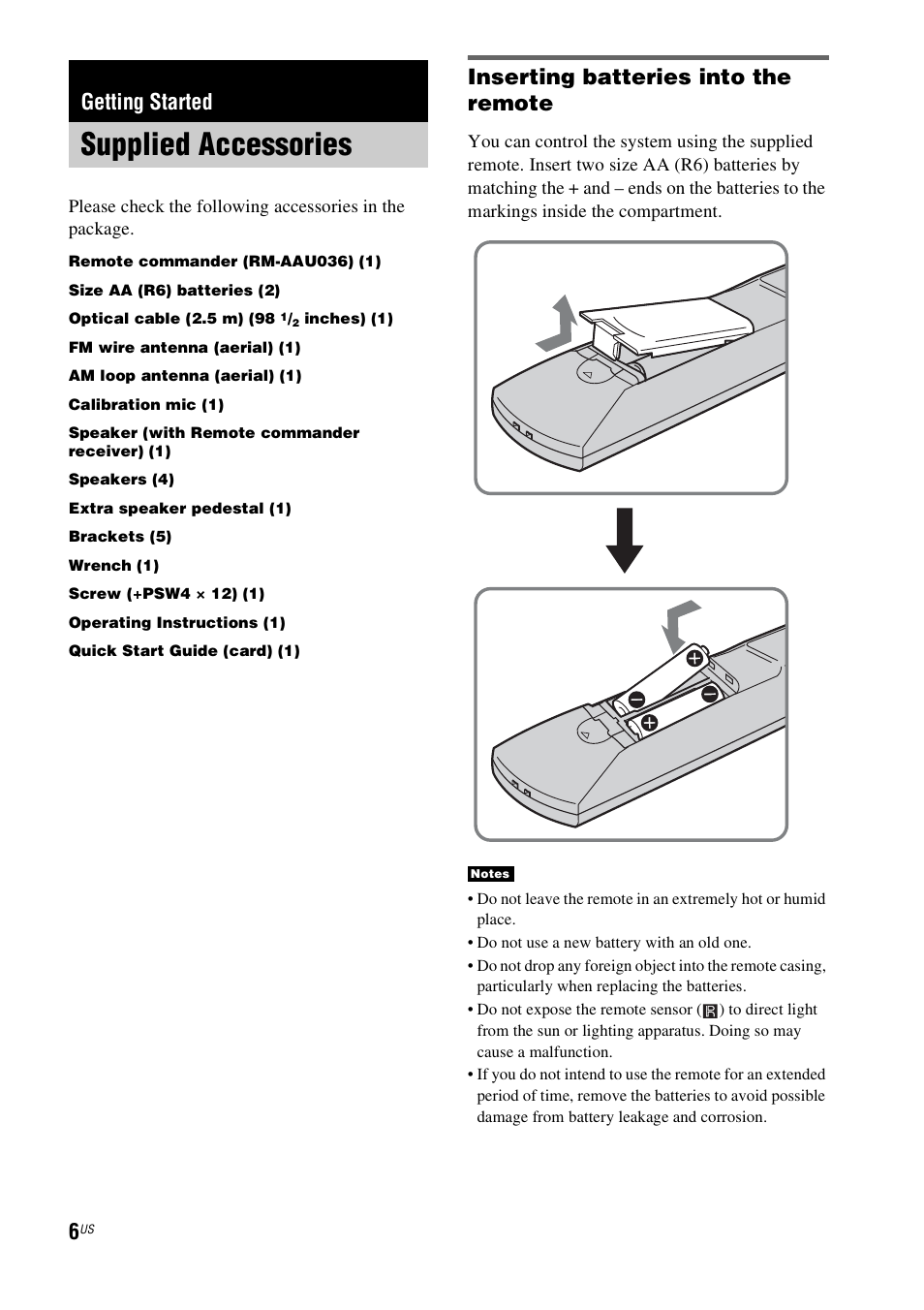 Getting started, Supplied accessories, Inserting batteries into the remote | Sony HT-IS100 User Manual | Page 6 / 168