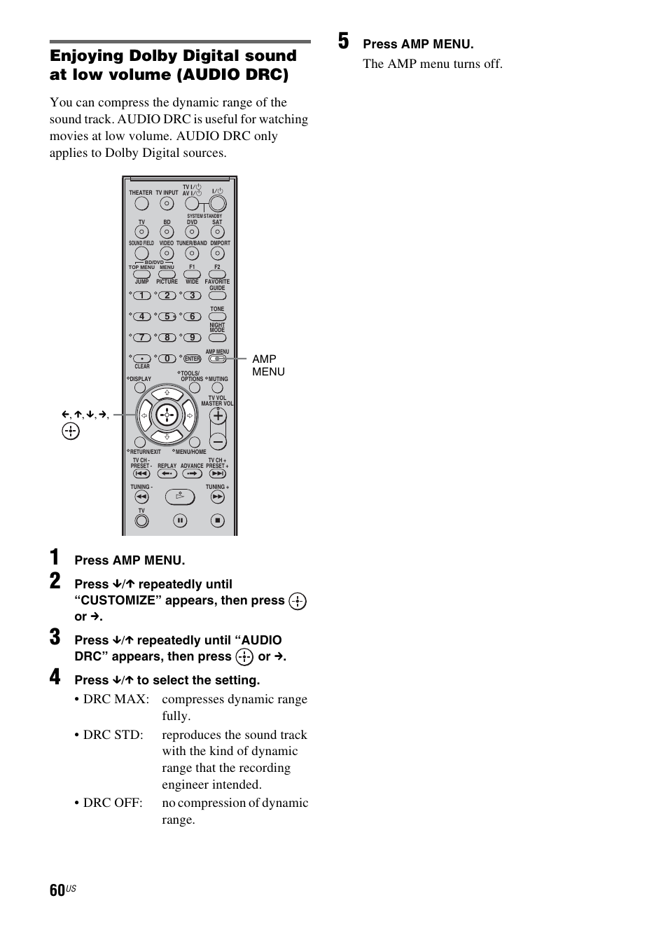 The amp menu turns off, Press amp menu, Press | Press x/x to select the setting | Sony HT-IS100 User Manual | Page 60 / 168