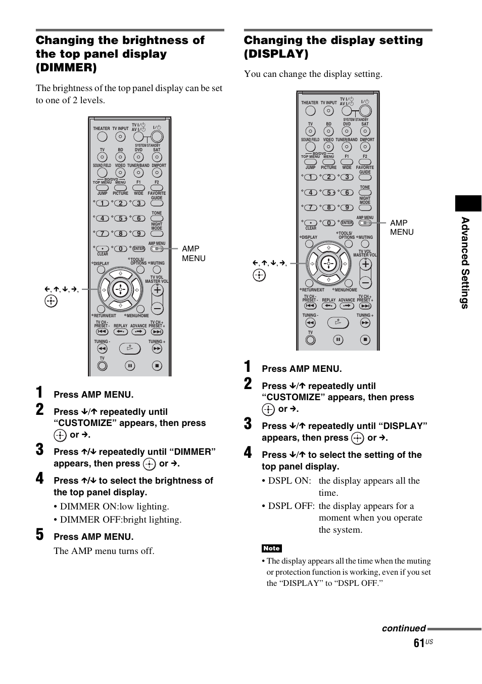 Changing the display setting (display), Ad v a nc ed s e tting s, The amp menu turns off | You can change the display setting, Press amp menu, Press, Continued | Sony HT-IS100 User Manual | Page 61 / 168