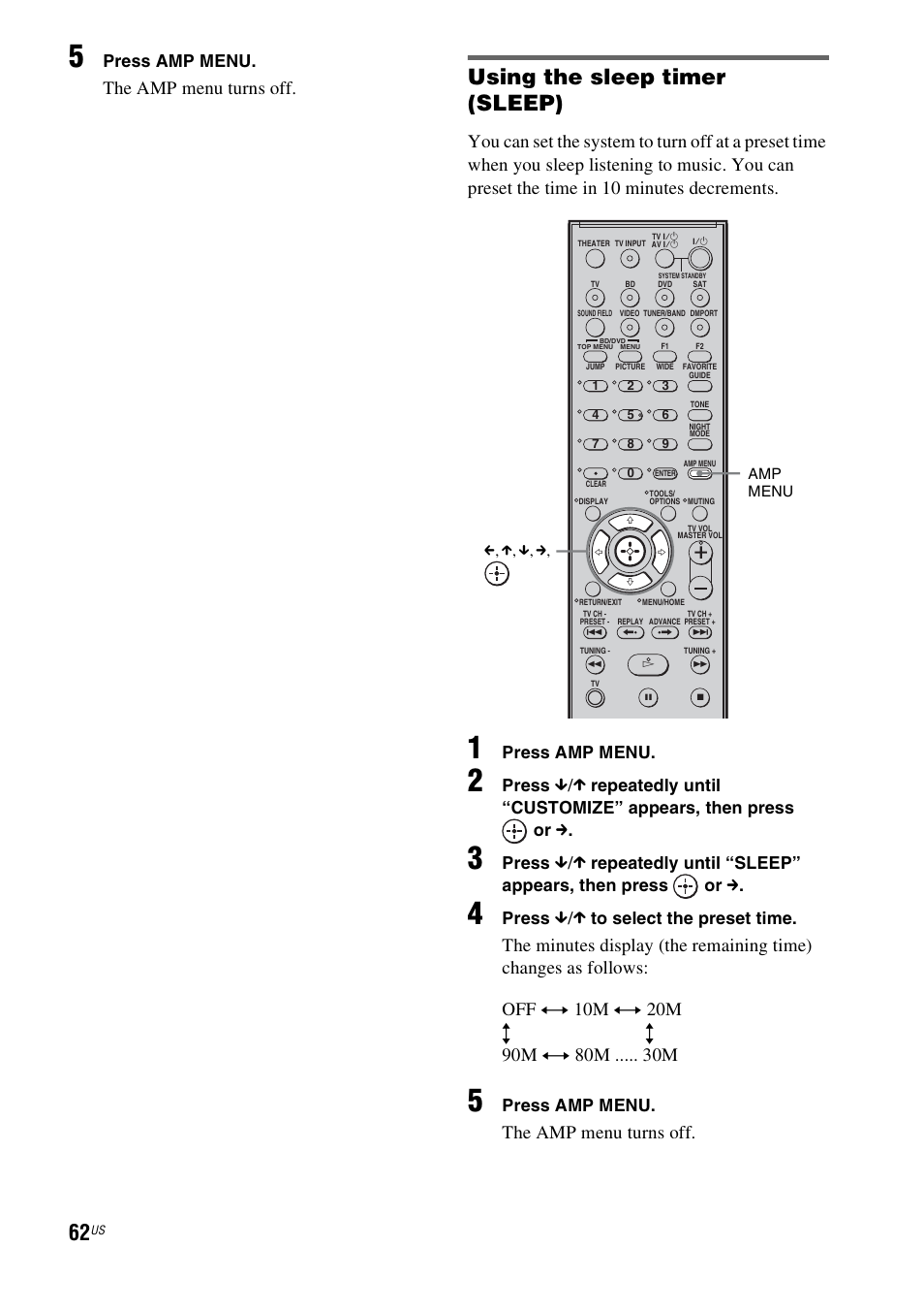 P (62), Using the sleep timer (sleep), The amp menu turns off | Press amp menu, Press, Repeatedly until “sleep” appears, then press or c | Sony HT-IS100 User Manual | Page 62 / 168