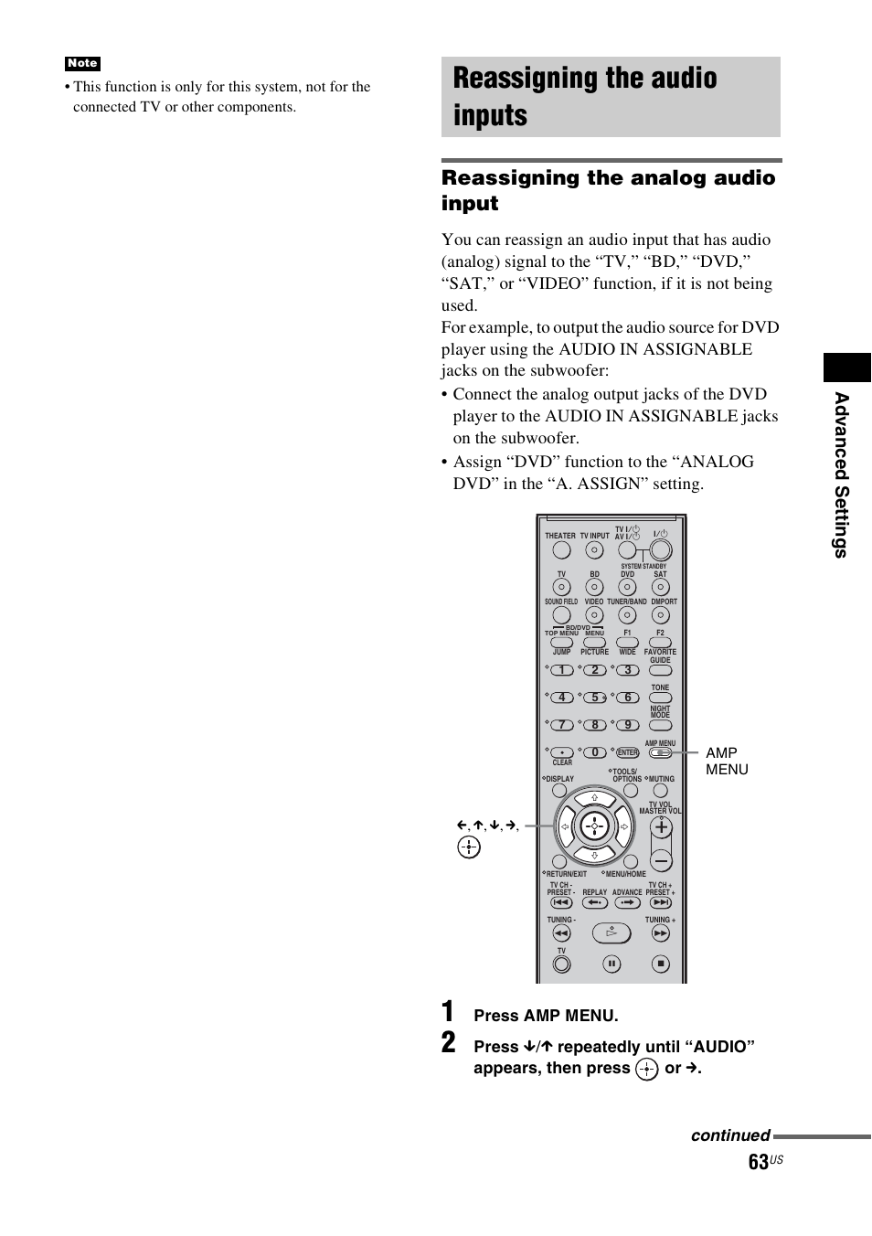 Reassigning the audio inputs, Reassigning the analog audio input, Ad v a nc ed s e tting s | Press amp menu, Press, Repeatedly until “audio” appears, then press or c, Continued | Sony HT-IS100 User Manual | Page 63 / 168