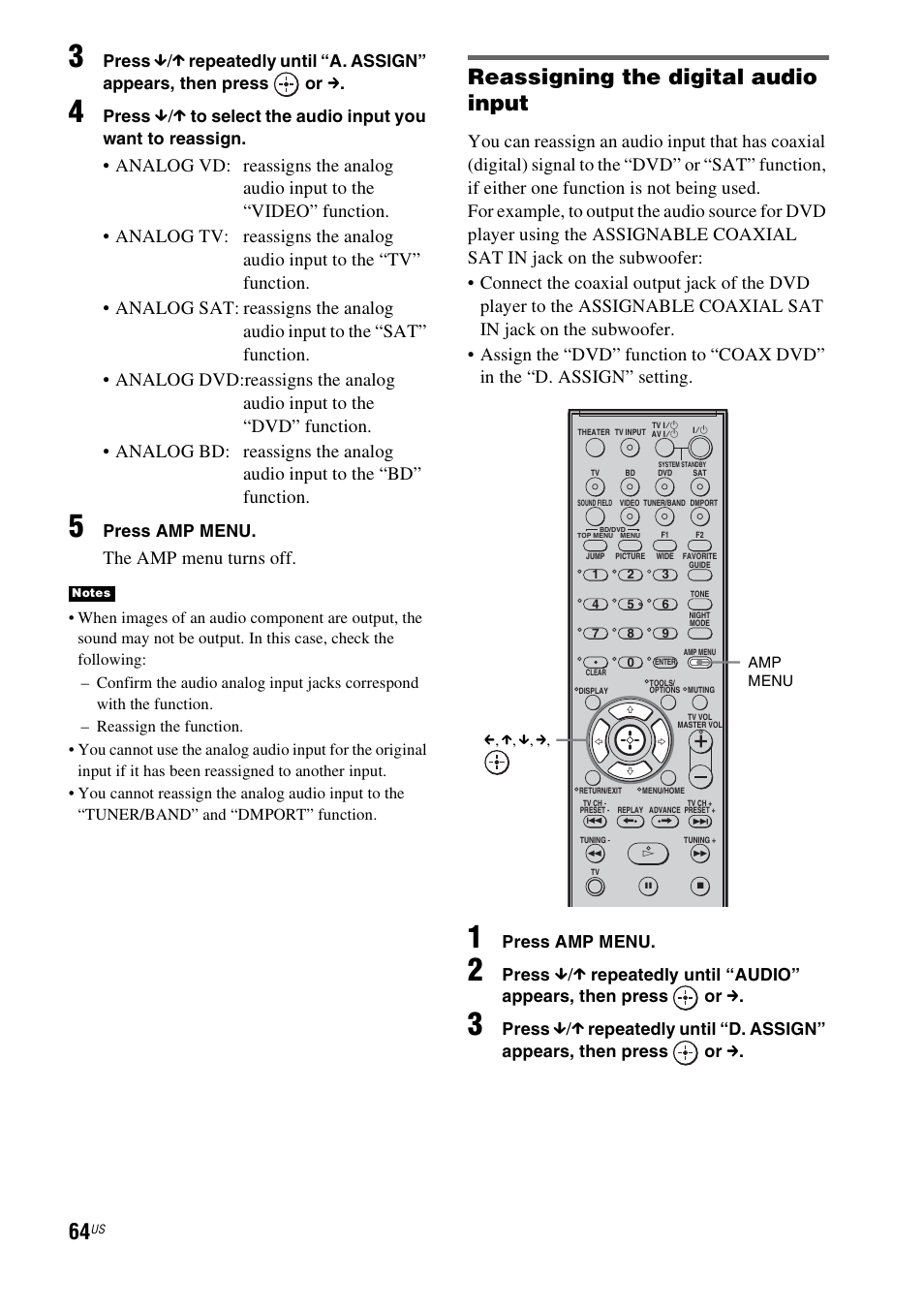 Reassigning the digital audio input, The amp menu turns off | Sony HT-IS100 User Manual | Page 64 / 168