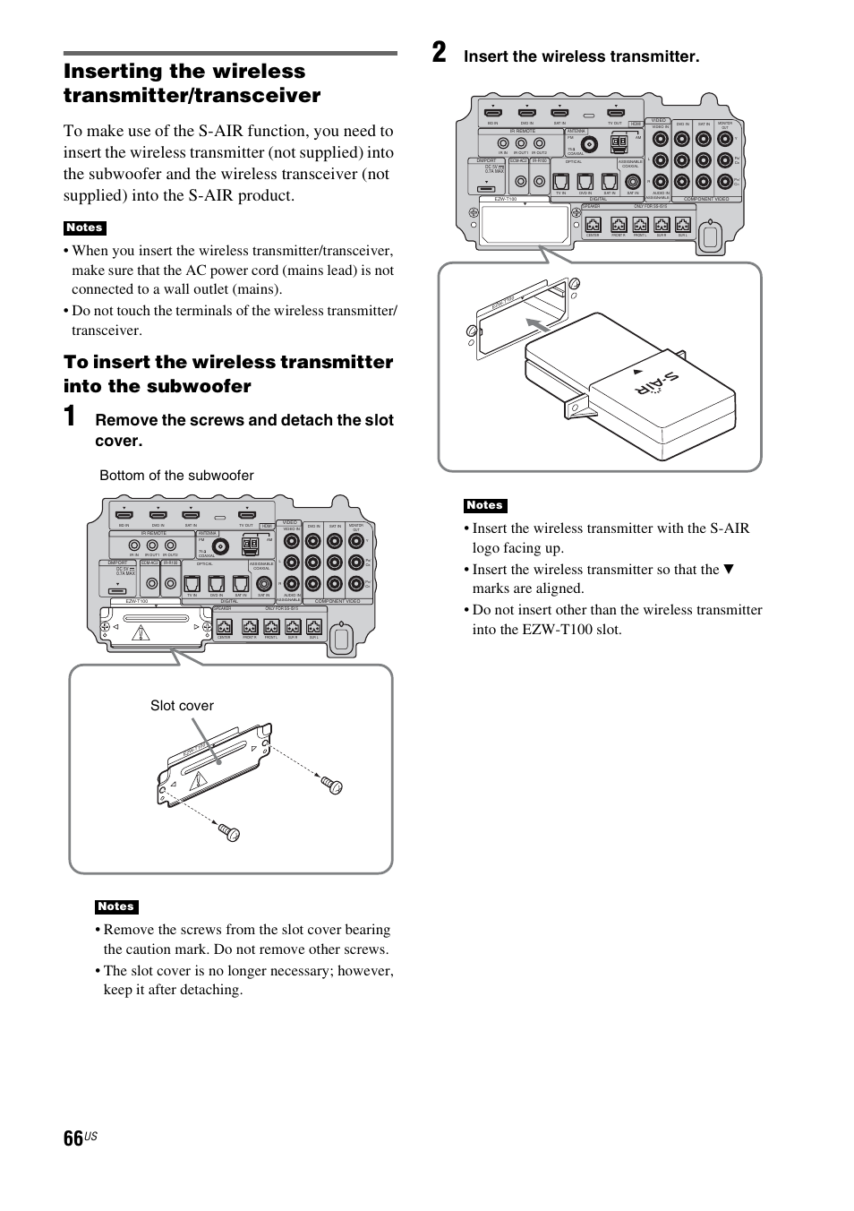 Inserting the wireless transmitter/transceiver, Remove the screws and detach the slot cover, Insert the wireless transmitter | Slot cover bottom of the subwoofer | Sony HT-IS100 User Manual | Page 66 / 168