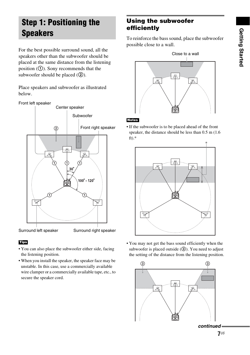 Step 1: positioning the speakers, Using the subwoofer efficiently | Sony HT-IS100 User Manual | Page 7 / 168