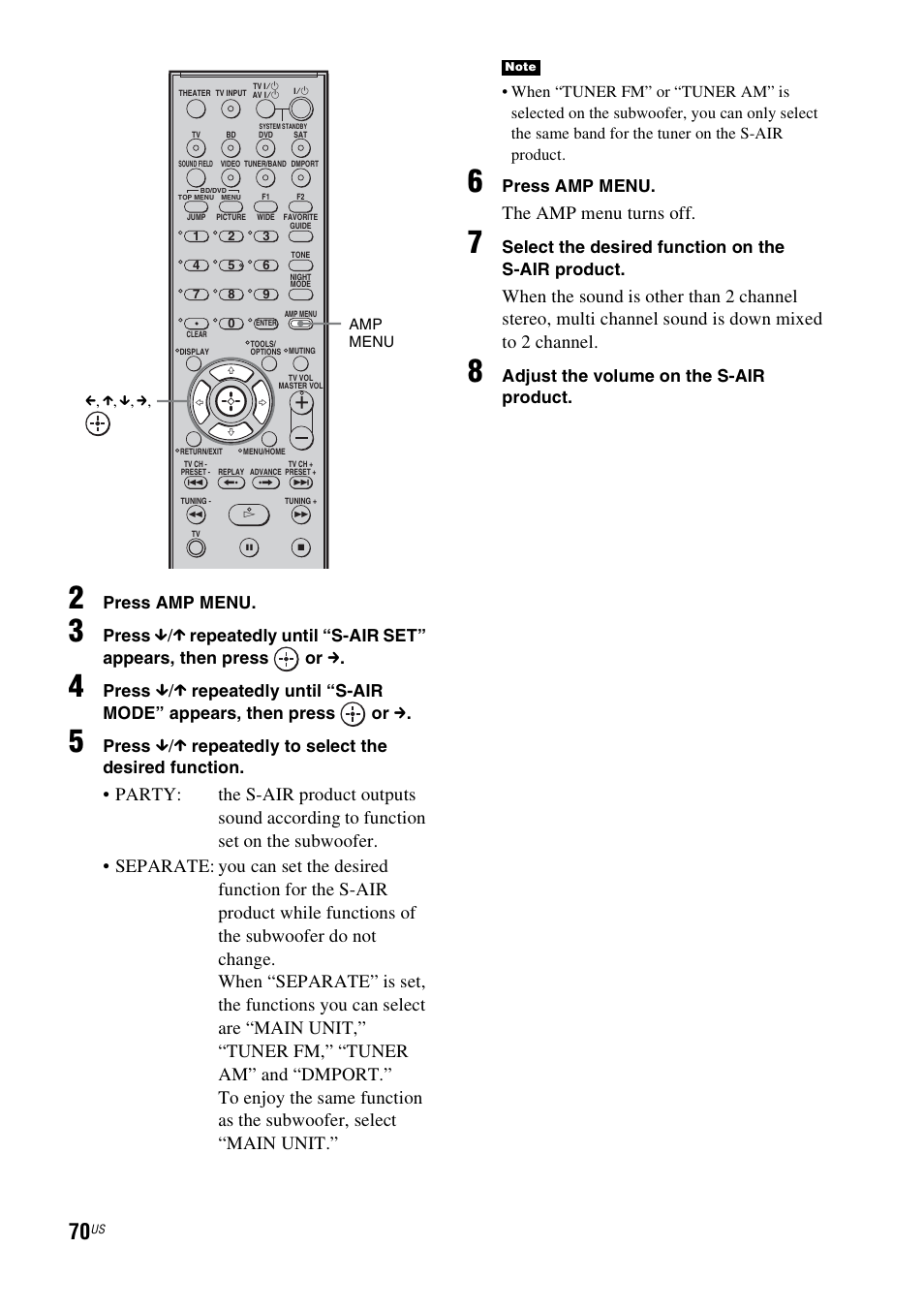 The amp menu turns off, Press amp menu, Press | Repeatedly to select the desired function, Select the desired function on the s-air product, Adjust the volume on the s-air product | Sony HT-IS100 User Manual | Page 70 / 168