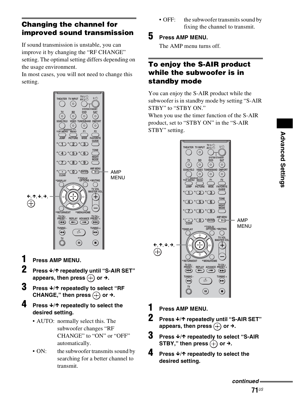 Ad v a nc ed s e tting s, The amp menu turns off, Press amp menu | Press, Repeatedly to select “rf change,” then press or c, Repeatedly to select the desired setting, Repeatedly to select “s-air stby,” then press or c, Continued | Sony HT-IS100 User Manual | Page 71 / 168