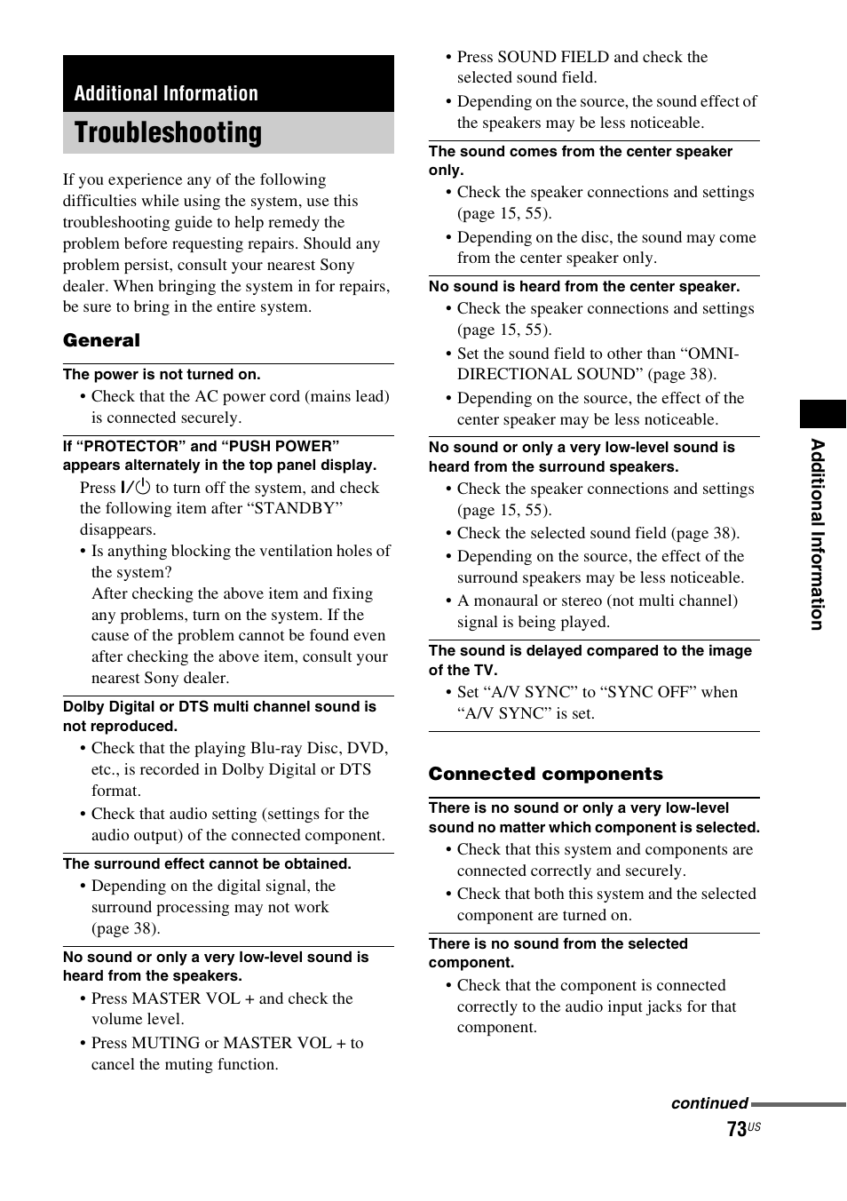 Additional information, Troubleshooting | Sony HT-IS100 User Manual | Page 73 / 168