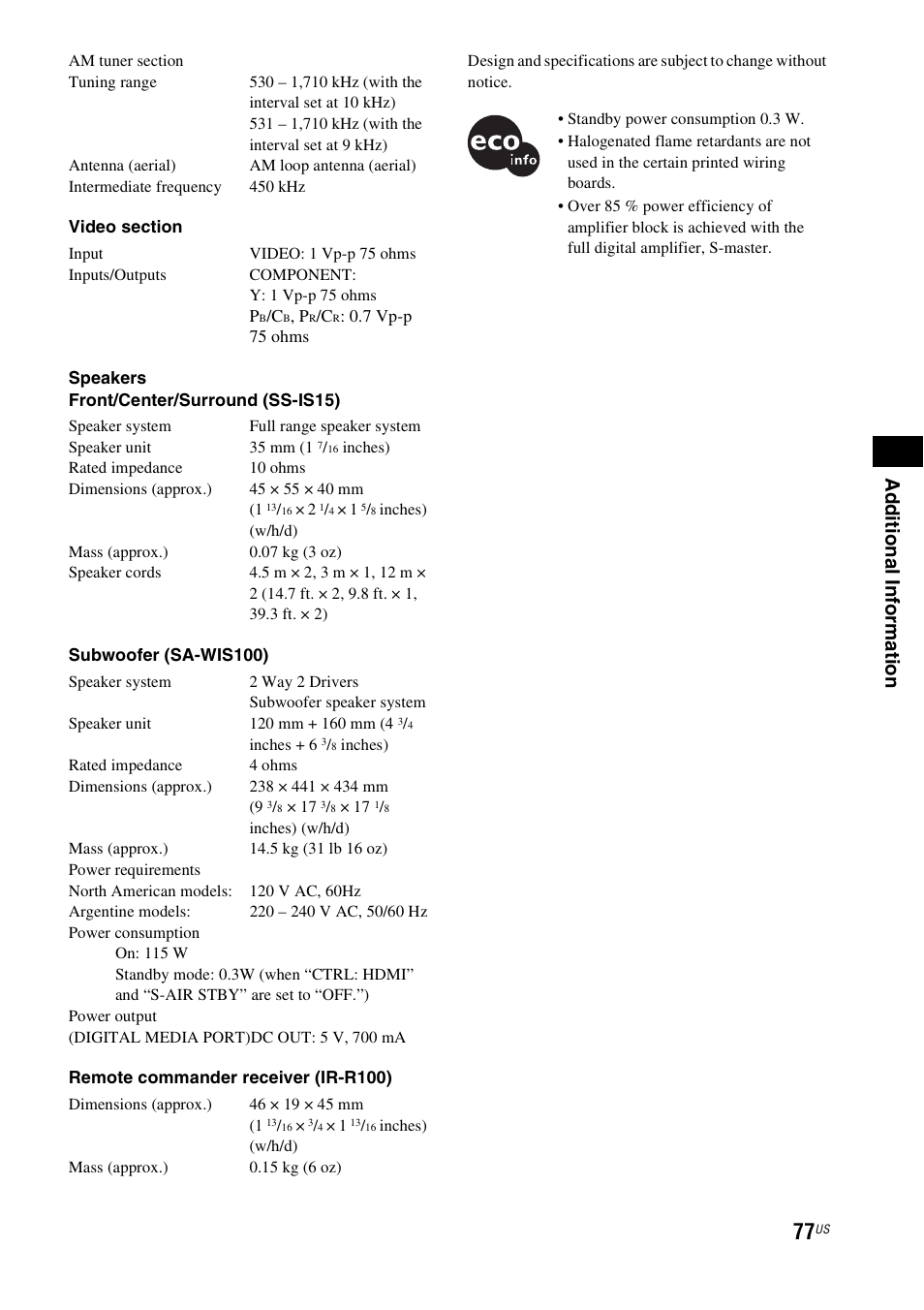 Ad d itiona l in fo rm ation | Sony HT-IS100 User Manual | Page 77 / 168