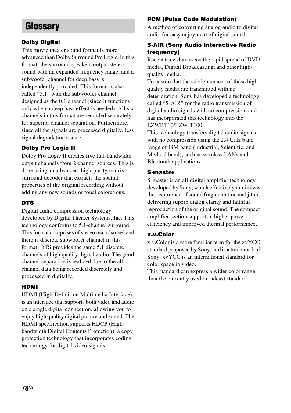 Glossary | Sony HT-IS100 User Manual | Page 78 / 168