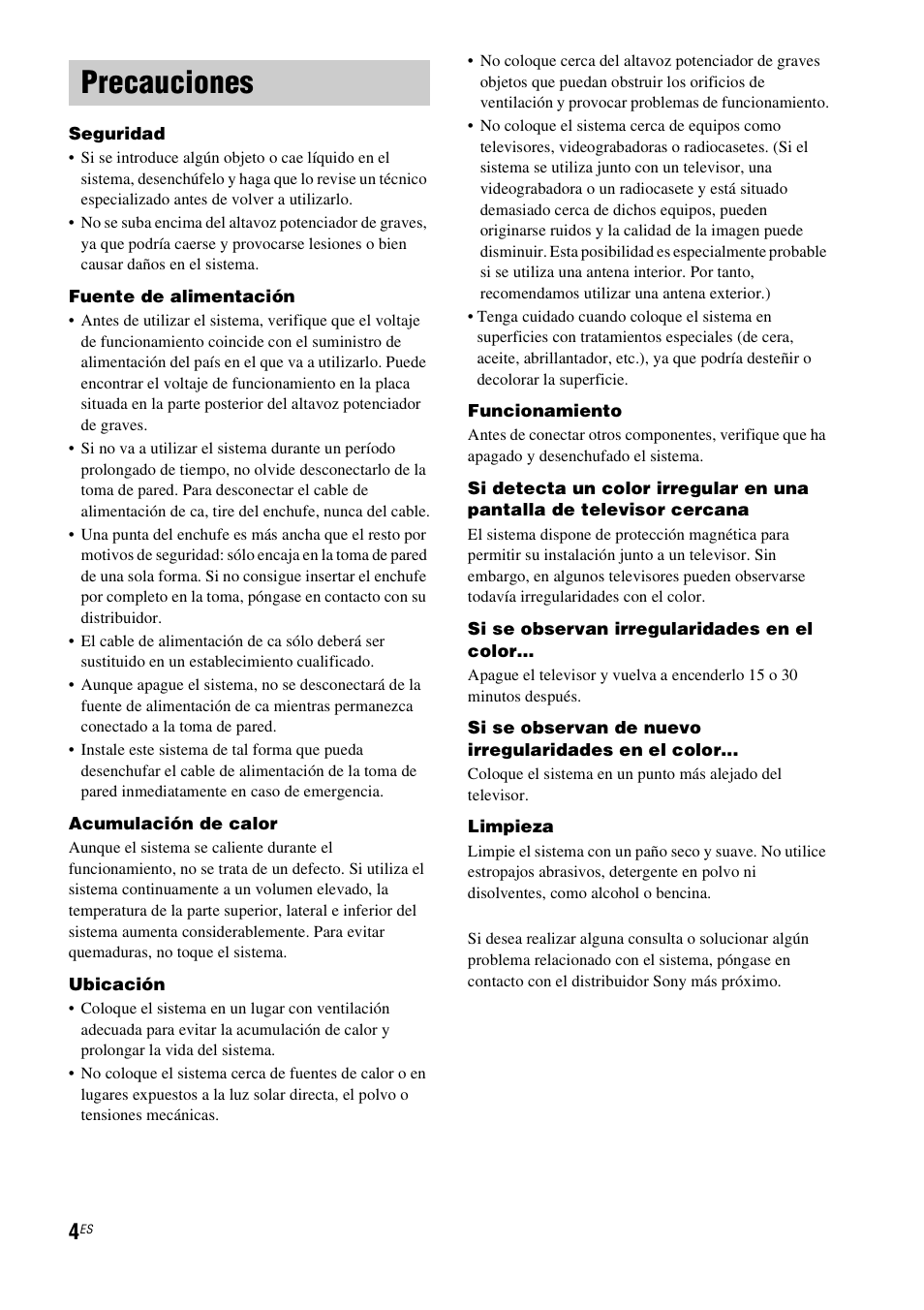 Precauciones | Sony HT-IS100 User Manual | Page 84 / 168