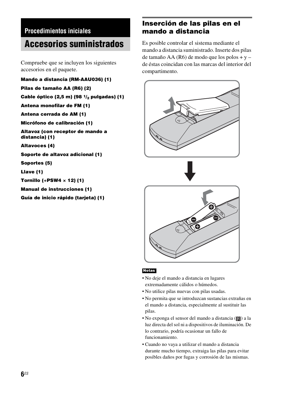 Procedimientos iniciales, Accesorios suministrados, Inserción de las pilas en el mando a distancia | Sony HT-IS100 User Manual | Page 86 / 168