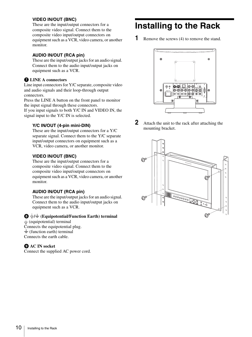 Installing to the rack, Remove the screws (4) to remove the stand, Audio in option in | Sony LMD-1420MD User Manual | Page 10 / 23