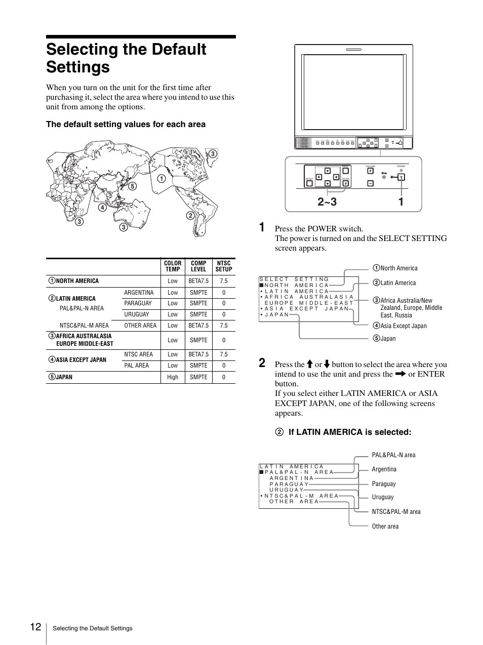 Selecting the default settings | Sony LMD-1420MD User Manual | Page 12 / 23