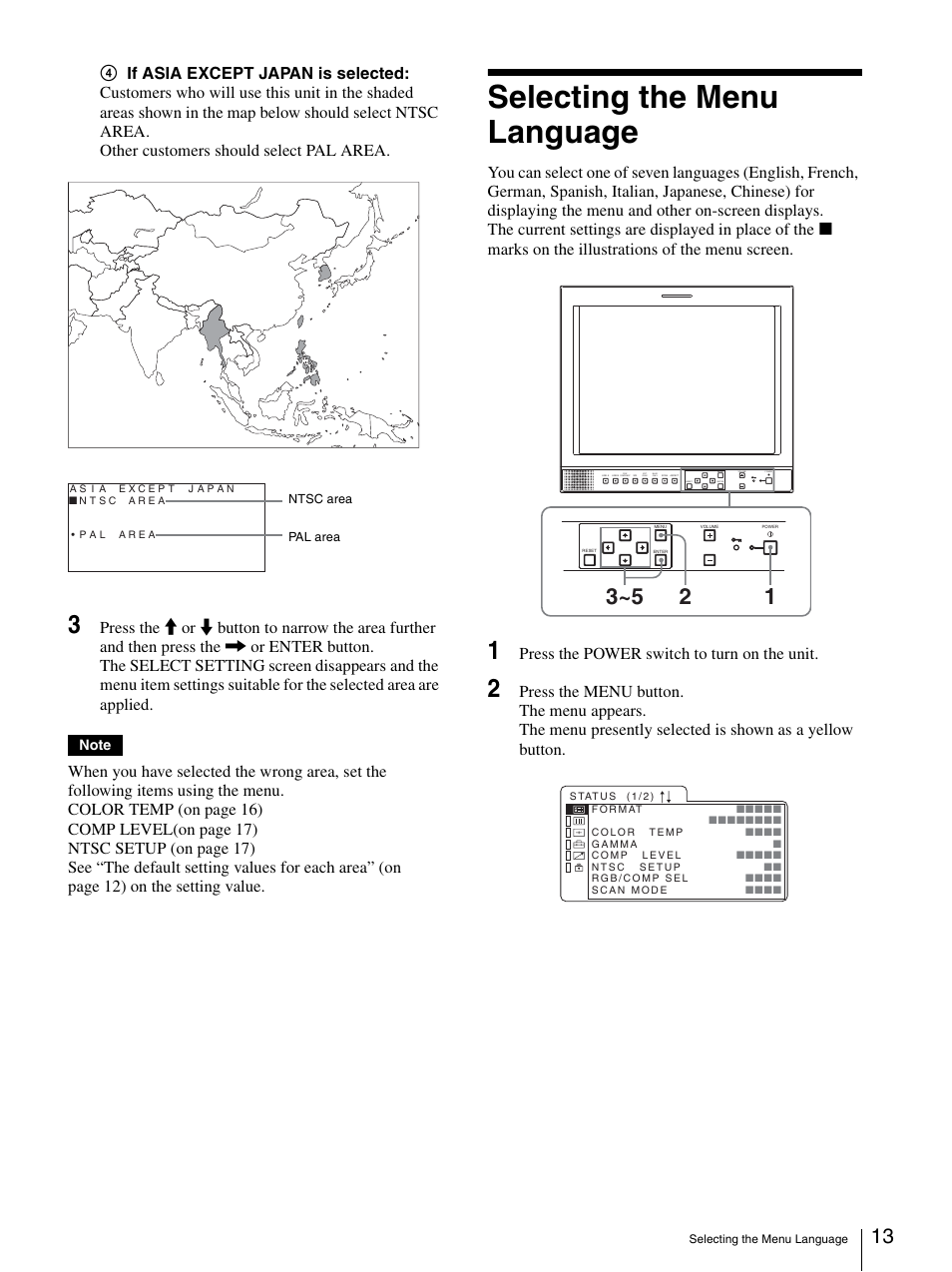 Selecting the menu language, Press the power switch to turn on the unit | Sony LMD-1420MD User Manual | Page 13 / 23