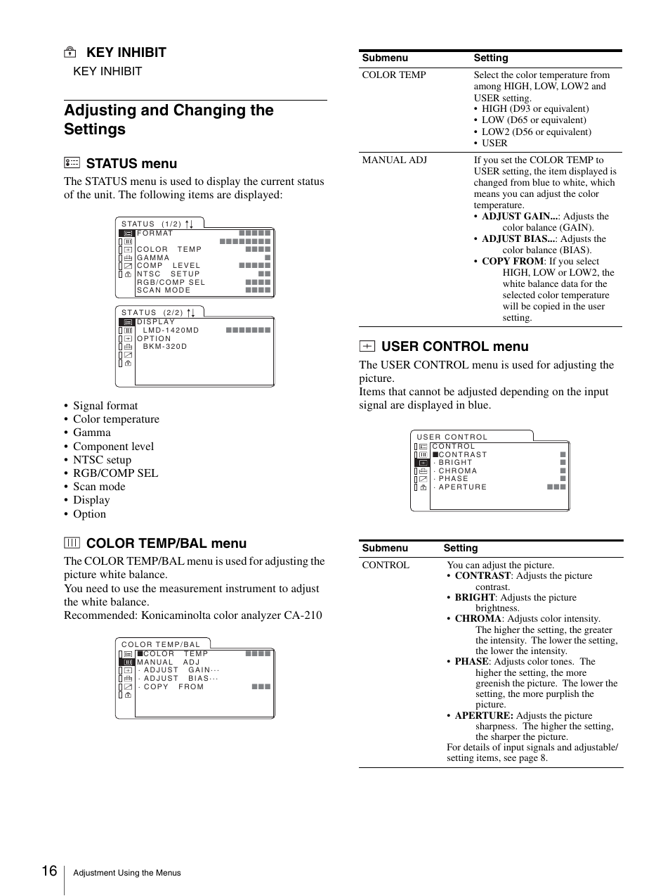 Adjusting and changing the settings, Status menu, Color temp/bal menu | User control menu, Status menu color temp/bal menu user control menu, Key inhibit | Sony LMD-1420MD User Manual | Page 16 / 23