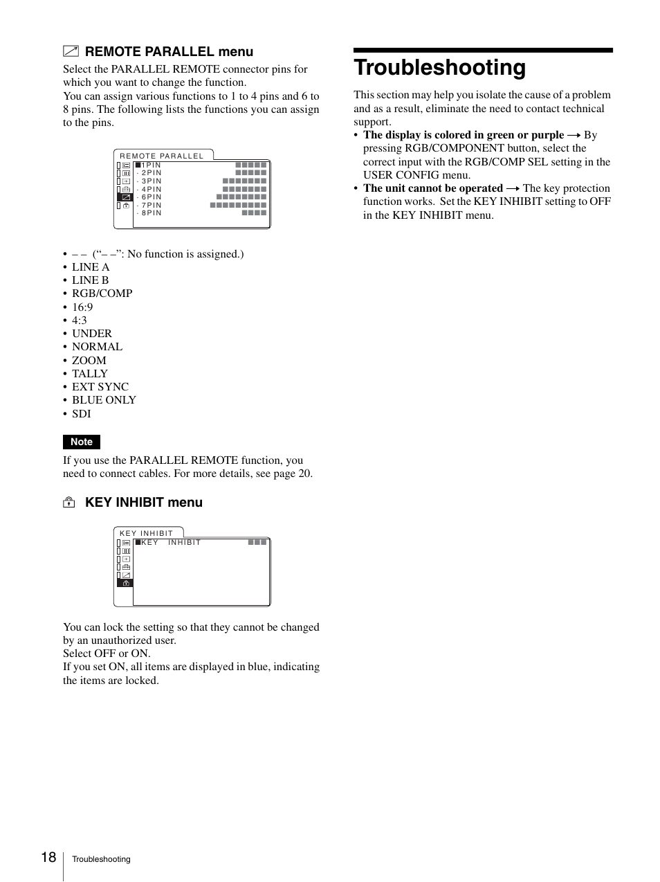 Remote parallel menu, Key inhibit menu, Troubleshooting | Remote parallel menu key inhibit menu | Sony LMD-1420MD User Manual | Page 18 / 23