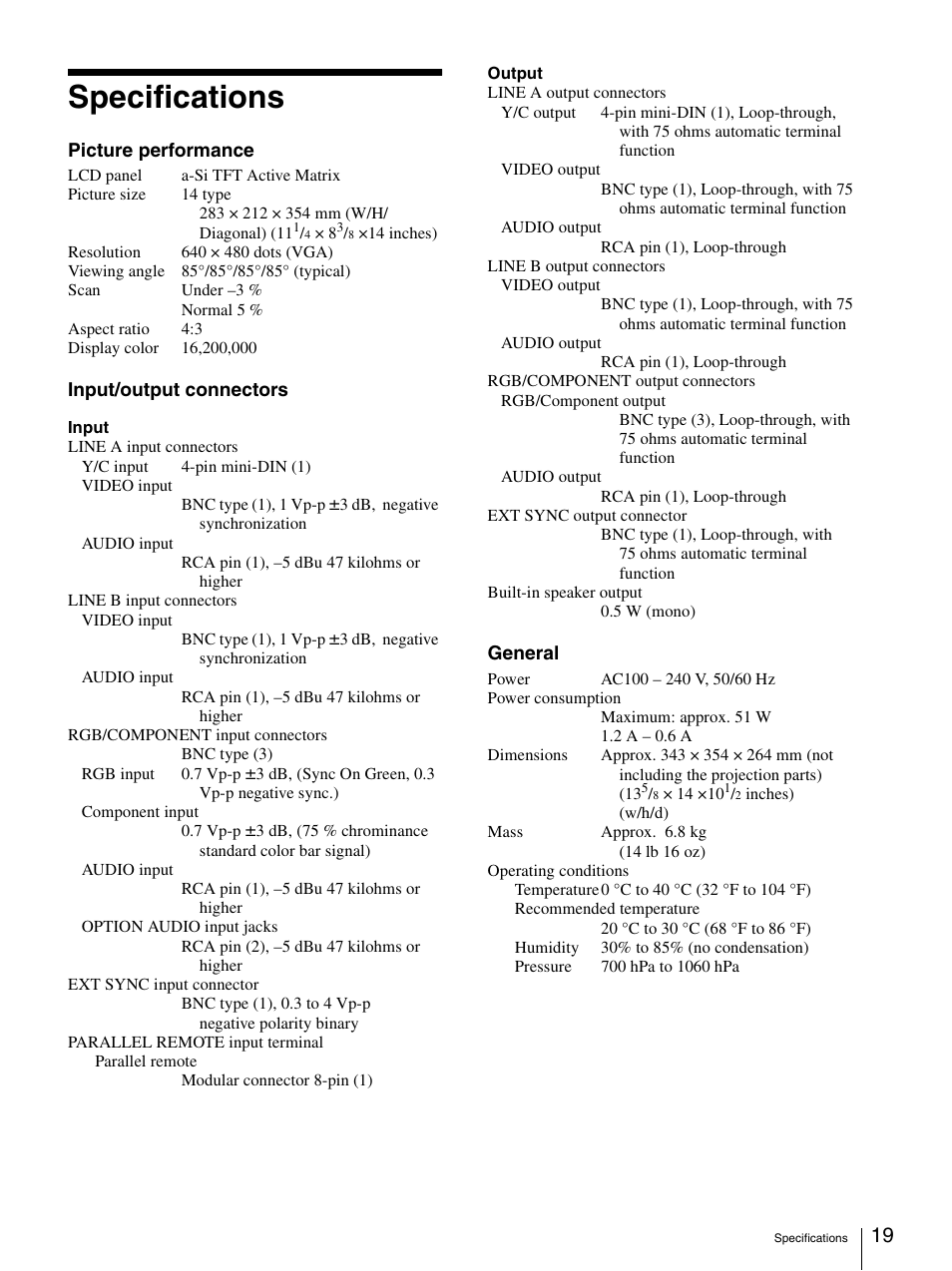 Specifications | Sony LMD-1420MD User Manual | Page 19 / 23
