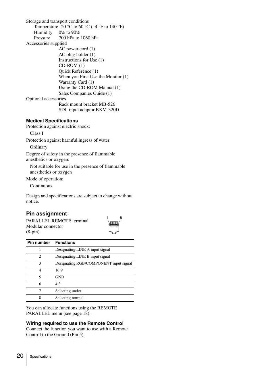 Pin assignment | Sony LMD-1420MD User Manual | Page 20 / 23