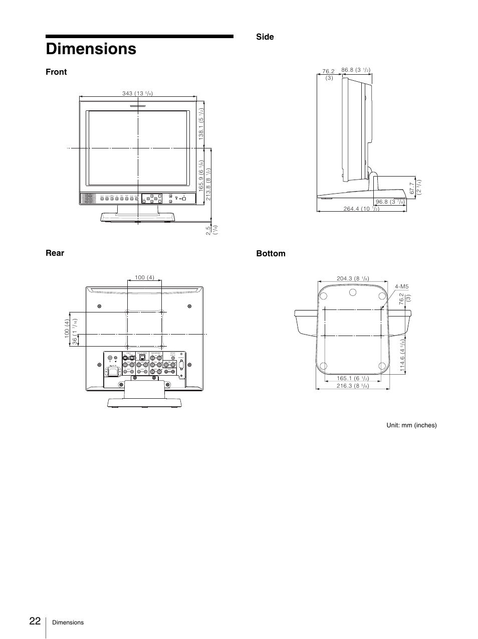 Dimensions, Front rear side bottom, Unit: mm (inches) | Sony LMD-1420MD User Manual | Page 22 / 23