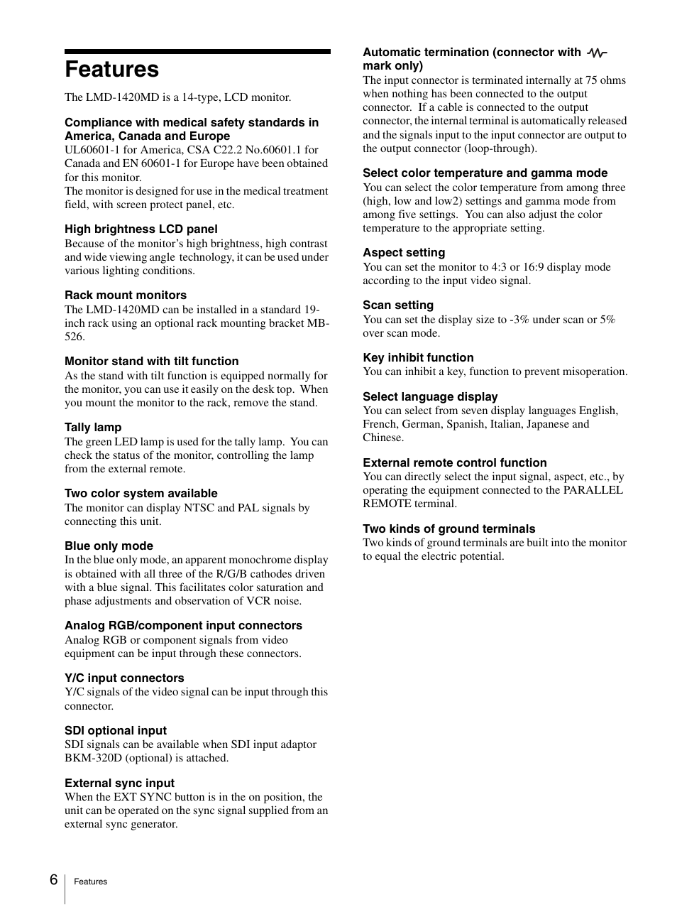 Features | Sony LMD-1420MD User Manual | Page 6 / 23
