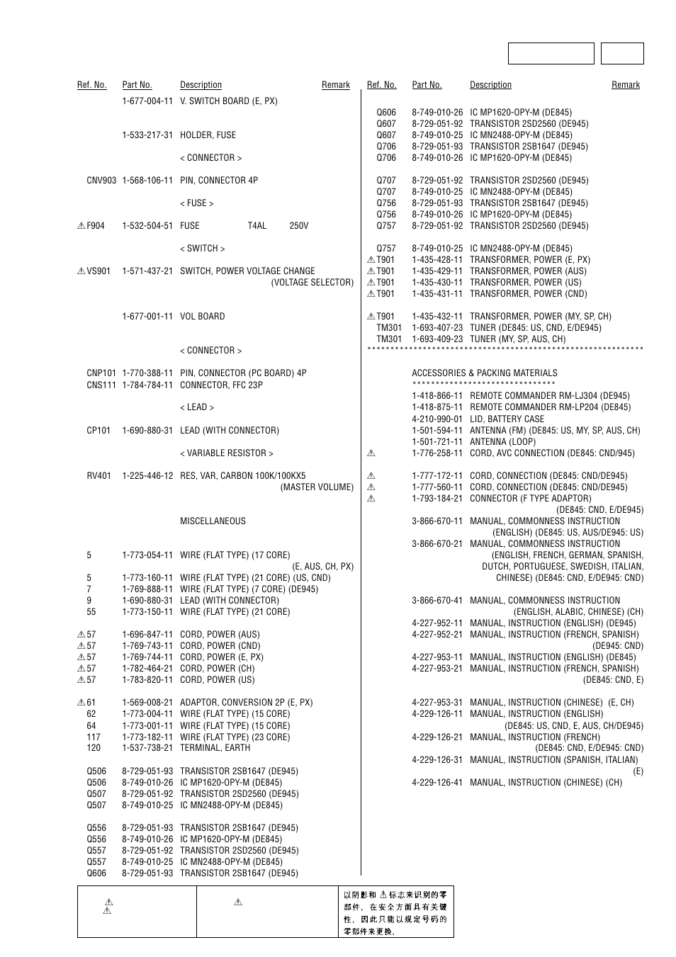 V. switch, V. switch vol | Sony STR-DE845 User Manual | Page 77 / 78