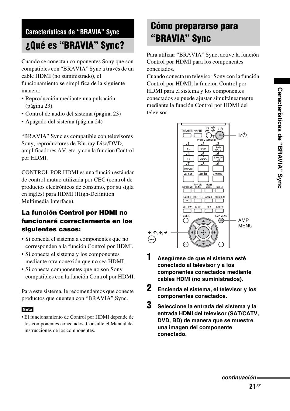 Características de “bravia” sync, Qué es “bravia” sync, Cómo prepararse para “bravia” sync | Qué es “bravia” sync? cómo prepararse para “bravia, Sync | Sony HT-CT150 User Manual | Page 101 / 124