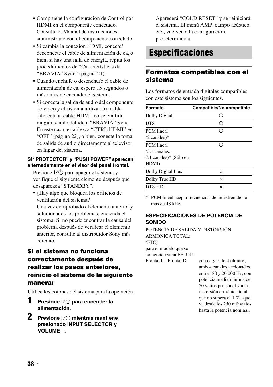 Especificaciones, Formatos compatibles con el, Formatos compatibles con el sistema | Sony HT-CT150 User Manual | Page 118 / 124