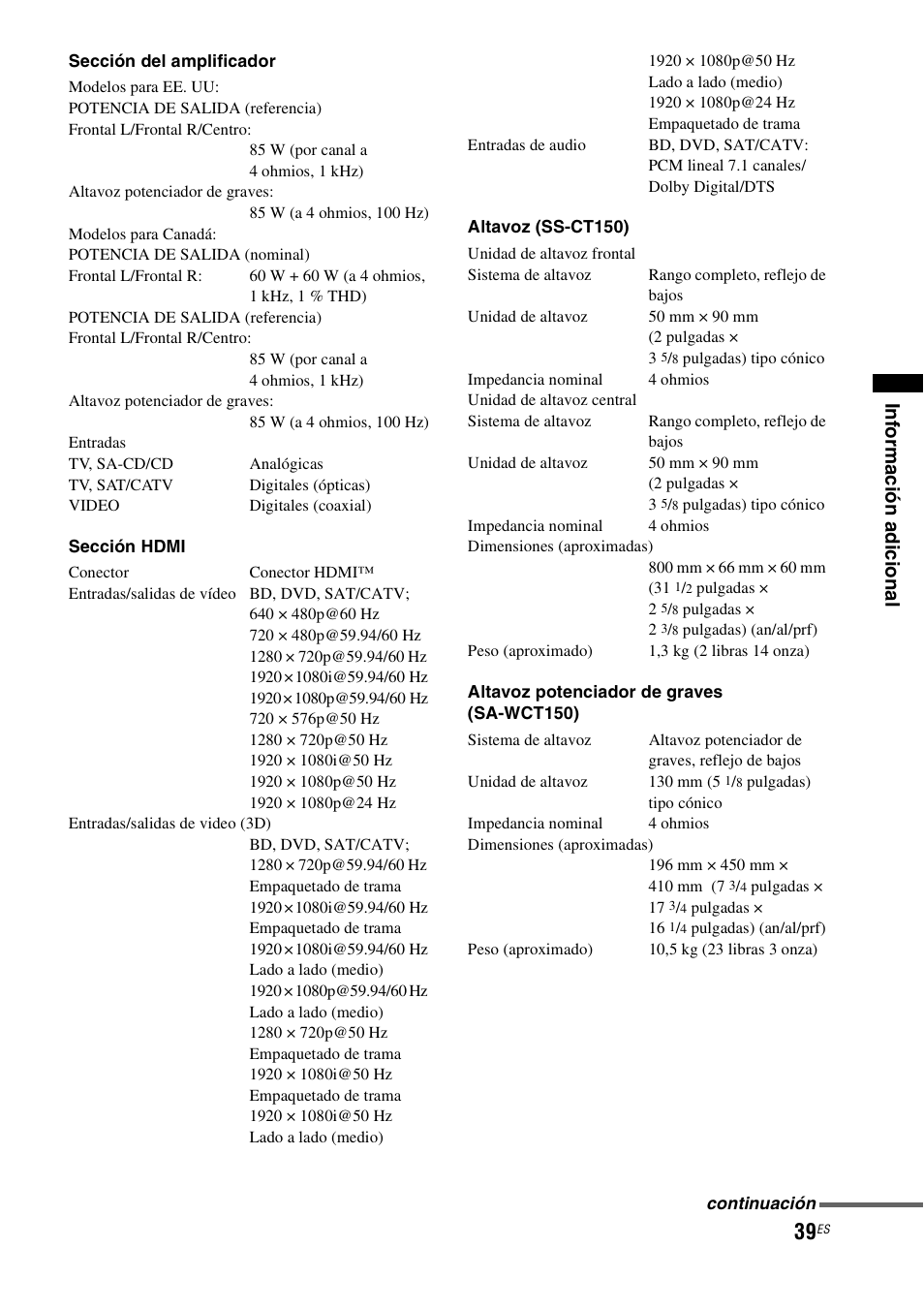 Inf o rma c ión ad icion a l | Sony HT-CT150 User Manual | Page 119 / 124