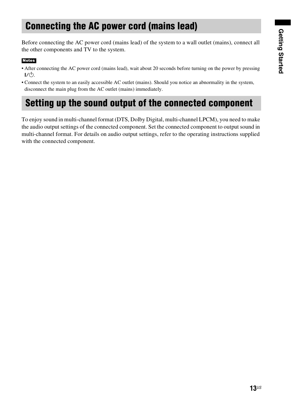 Connecting the ac power cord (mains lead), Connecting the ac power cord (mains, Lead) | Setting up the sound output of the, Connected component | Sony HT-CT150 User Manual | Page 13 / 124