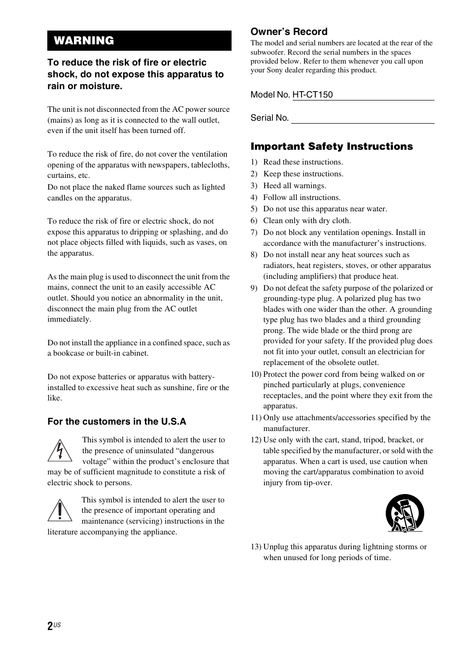 Warning, Owner’s record, Important safety instructions | Sony HT-CT150 User Manual | Page 2 / 124