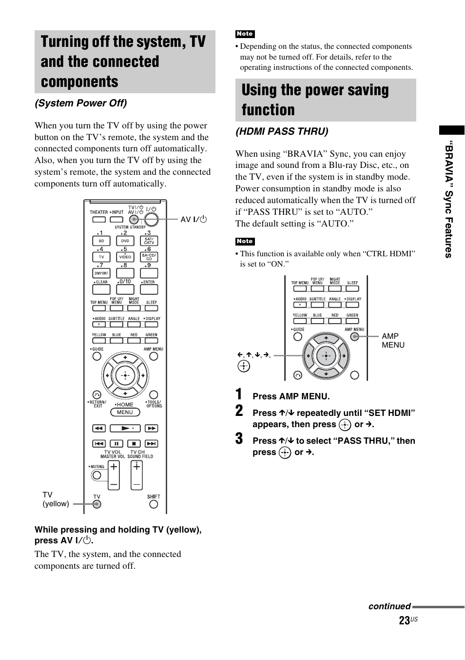 Using the power saving function, Turning off the system, tv and the, Connected components (system power off) | Hdmi pass thru) | Sony HT-CT150 User Manual | Page 23 / 124
