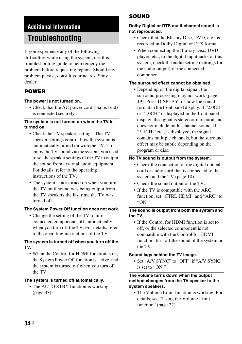 Additional information, Troubleshooting | Sony HT-CT150 User Manual | Page 34 / 124