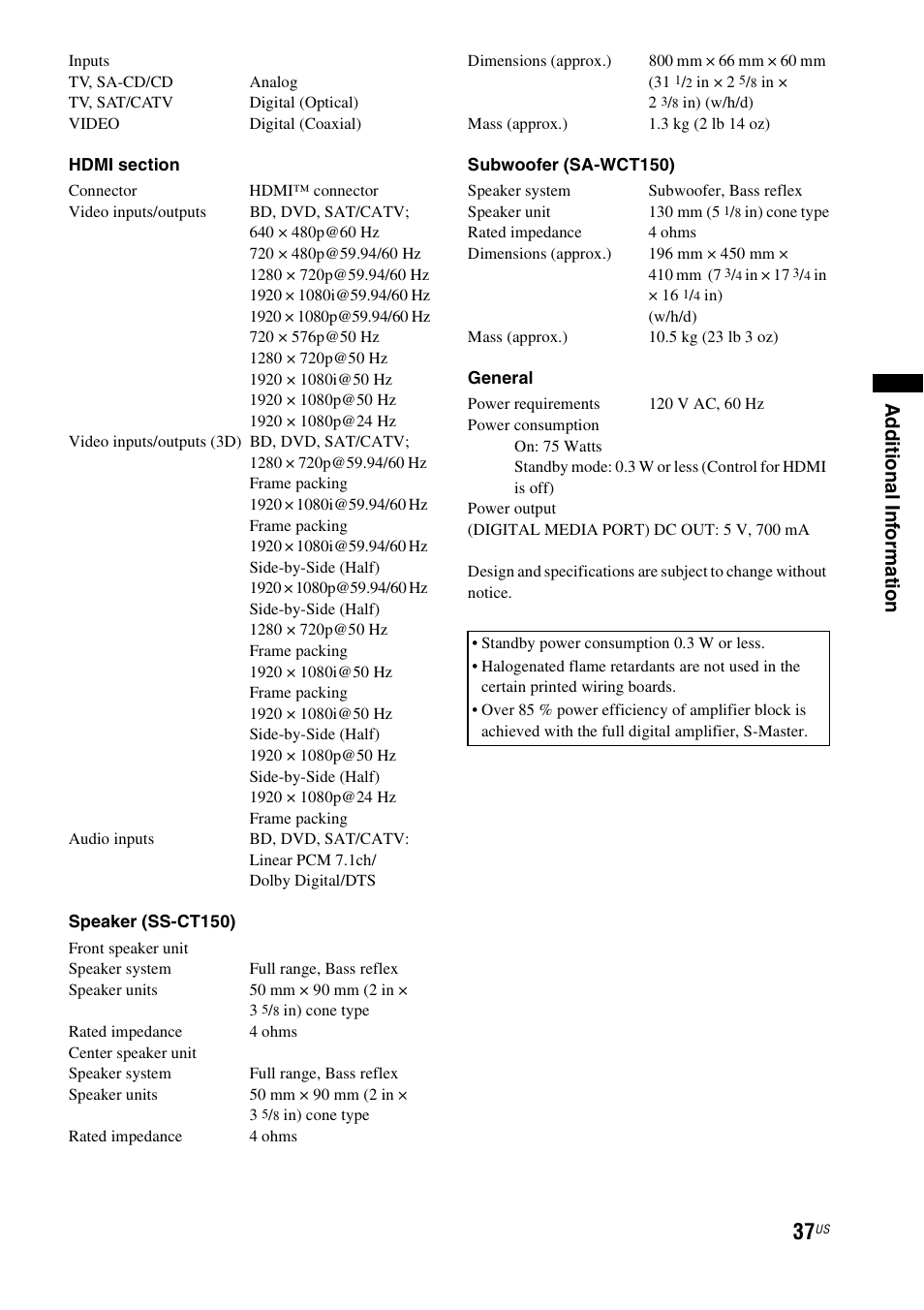 Ad ditio n al inf o rm at ion | Sony HT-CT150 User Manual | Page 37 / 124