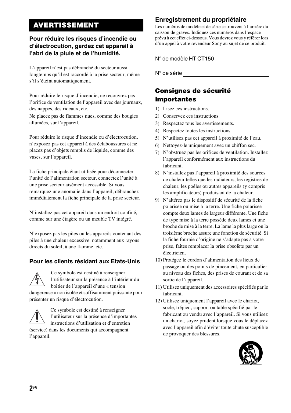 Avertissement, Enregistrement du propriétaire, Consignes de sécurité importantes | Sony HT-CT150 User Manual | Page 40 / 124